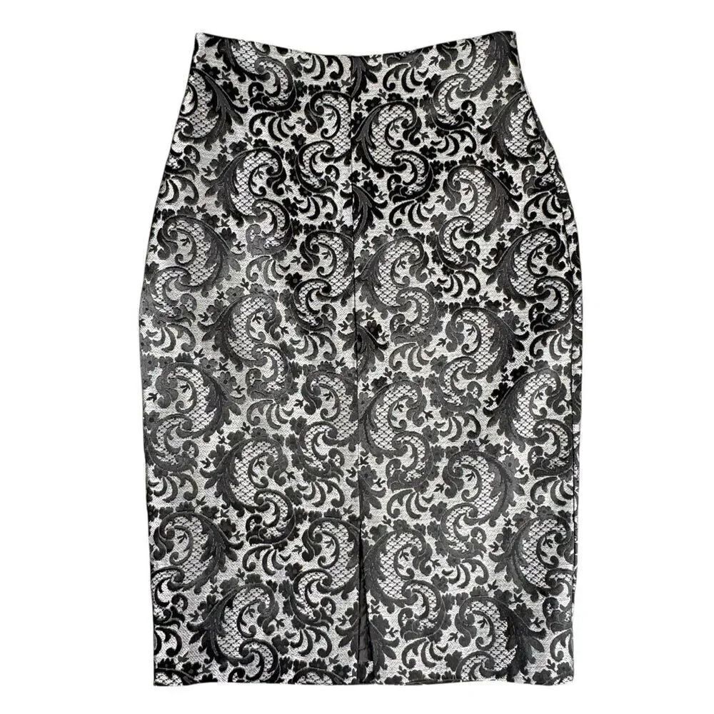 Worthington Sz 6 Women's Black Gray Jacquard Pencil Skirt Lined Baroque